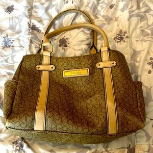 Calvin Klein leather pocketbook/handbag, brown and tan